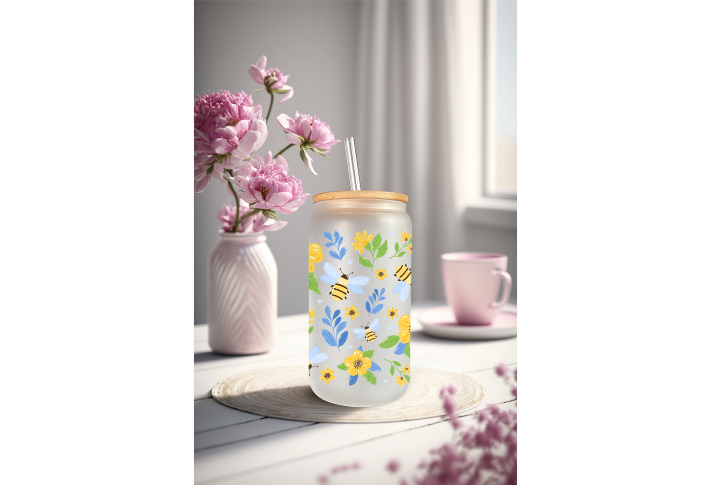 UVDTF Wrap Bees Flowers Floral Wrap for 16oz Can Glass Mug Tumbler, Ready to apply, Permanent Waterproof Adhesive