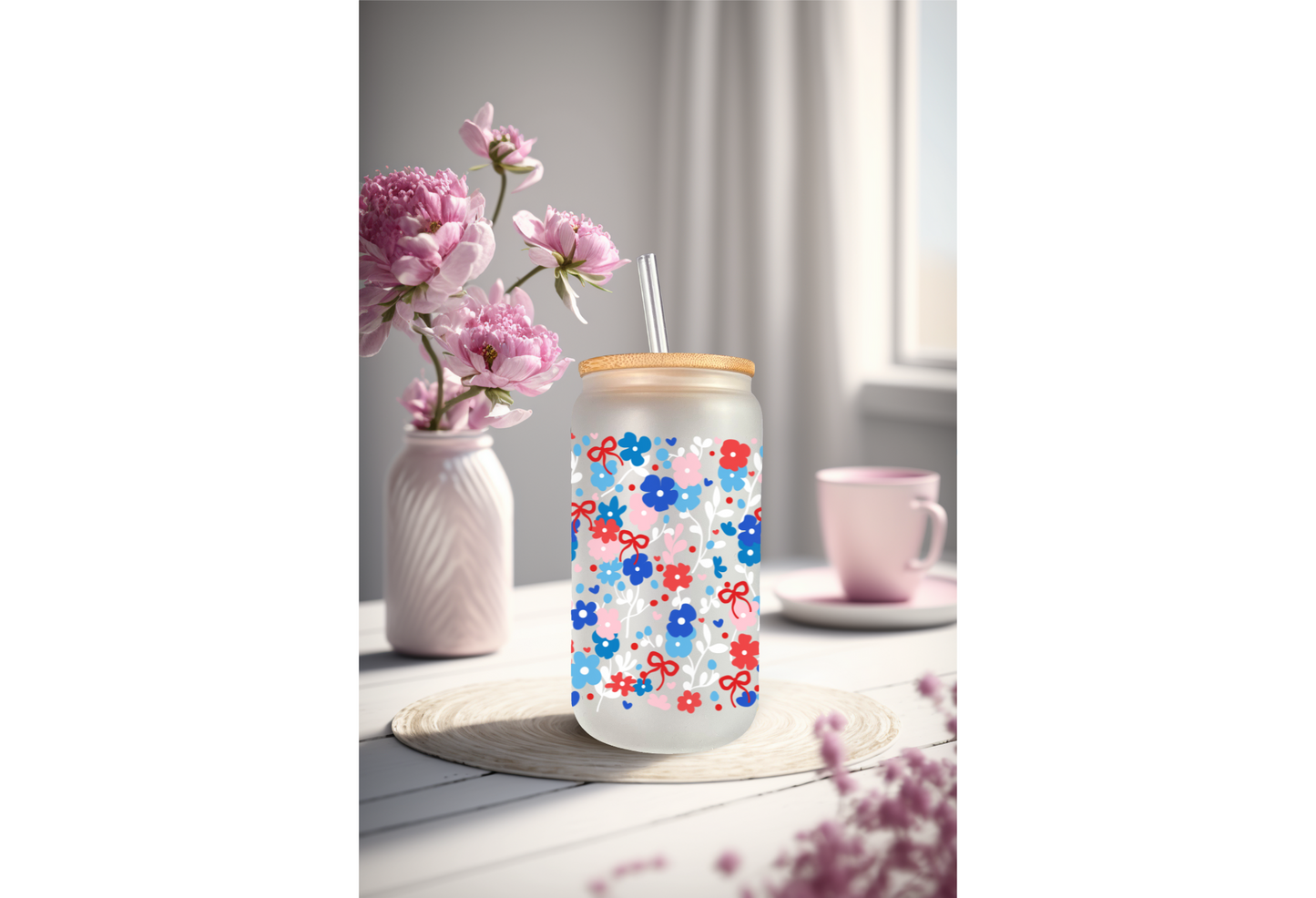 UVDTF Wrap Coquette Floral 16oz Can Glass Mug Tumbler, Ready to apply, Permanent Waterproof Adhesive