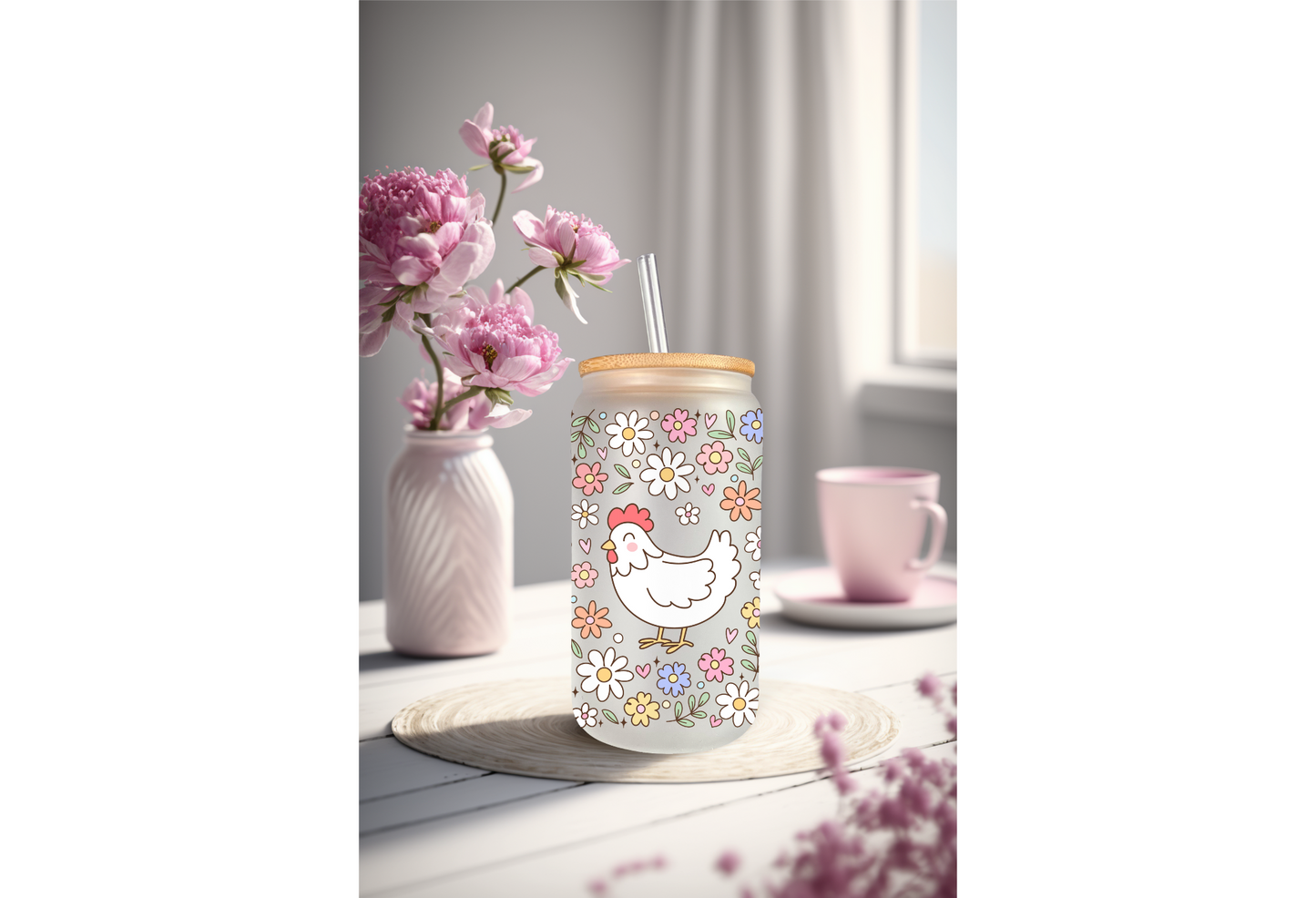 UVDTF Wrap Floral Chicken 16oz Can Glass Mug Tumbler Wrap, Ready to apply, Permanent Waterproof Adhesive, Double sided option
