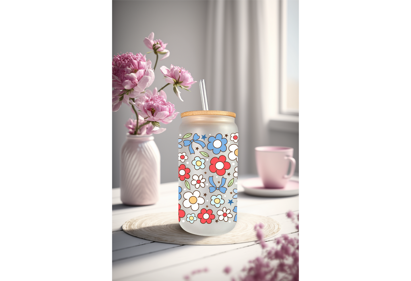 UVDTF Wrap Floral Independence Day 16oz Can Glass Mug Tumbler, Ready to apply, Permanent Waterproof Adhesive