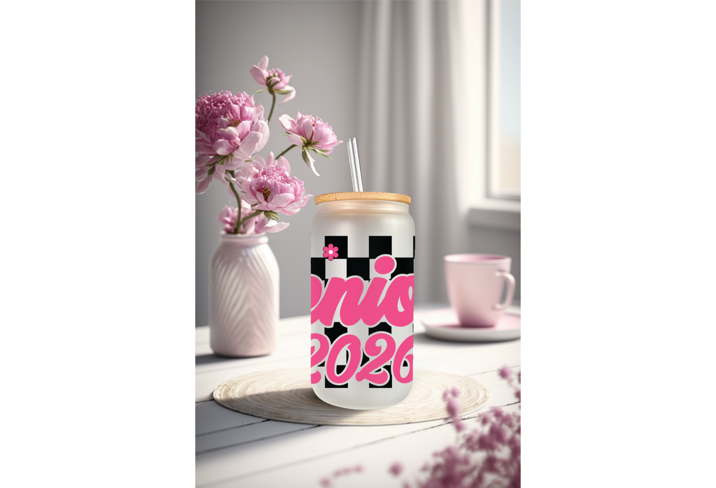 UVDTF Wrap Senior 2026 Checkered for 16oz Can Glass, Mug Tumbler, Ready to Apply, Permanent Adhesive, Exclusive
