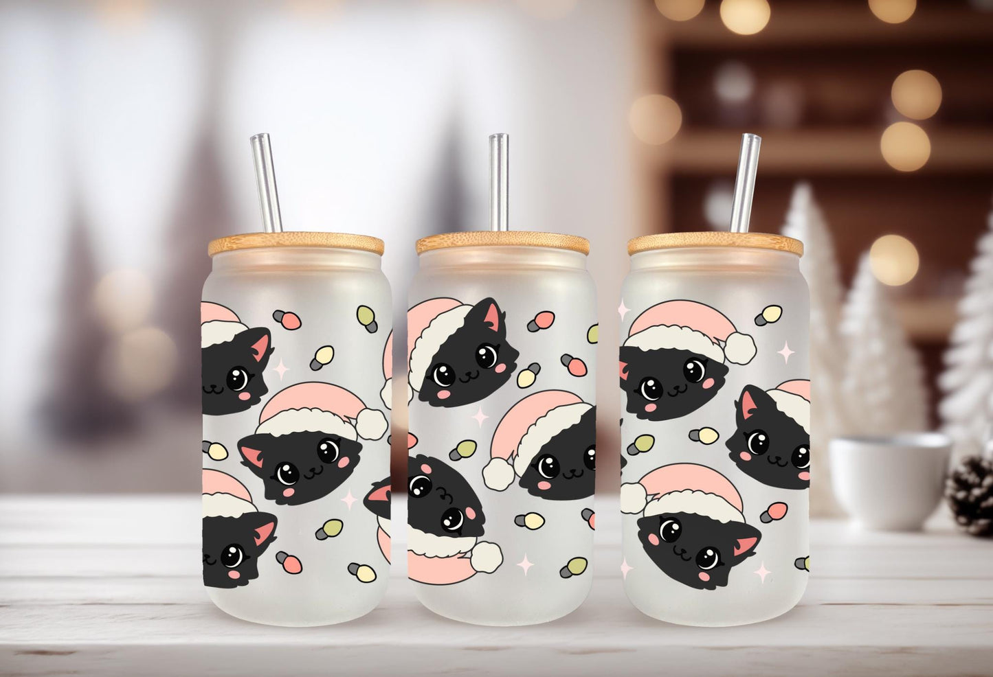 UVDTF Wrap Santa Cat Hat 16oz Can Glass Mug Tumbler, Cat Wrap, Ready to Apply, Waterproof Permanent Adhesive