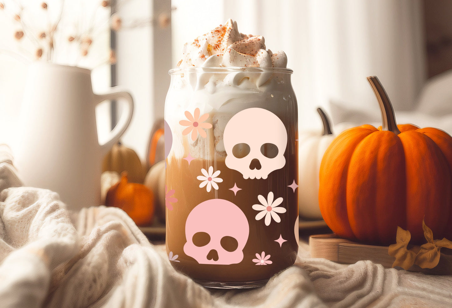 UVDTF Wrap Boho Pastel Skulls Flowers 16oz Can Glass, Mug Tumbler, Ready to apply, Permanent Waterproof Adhesive
