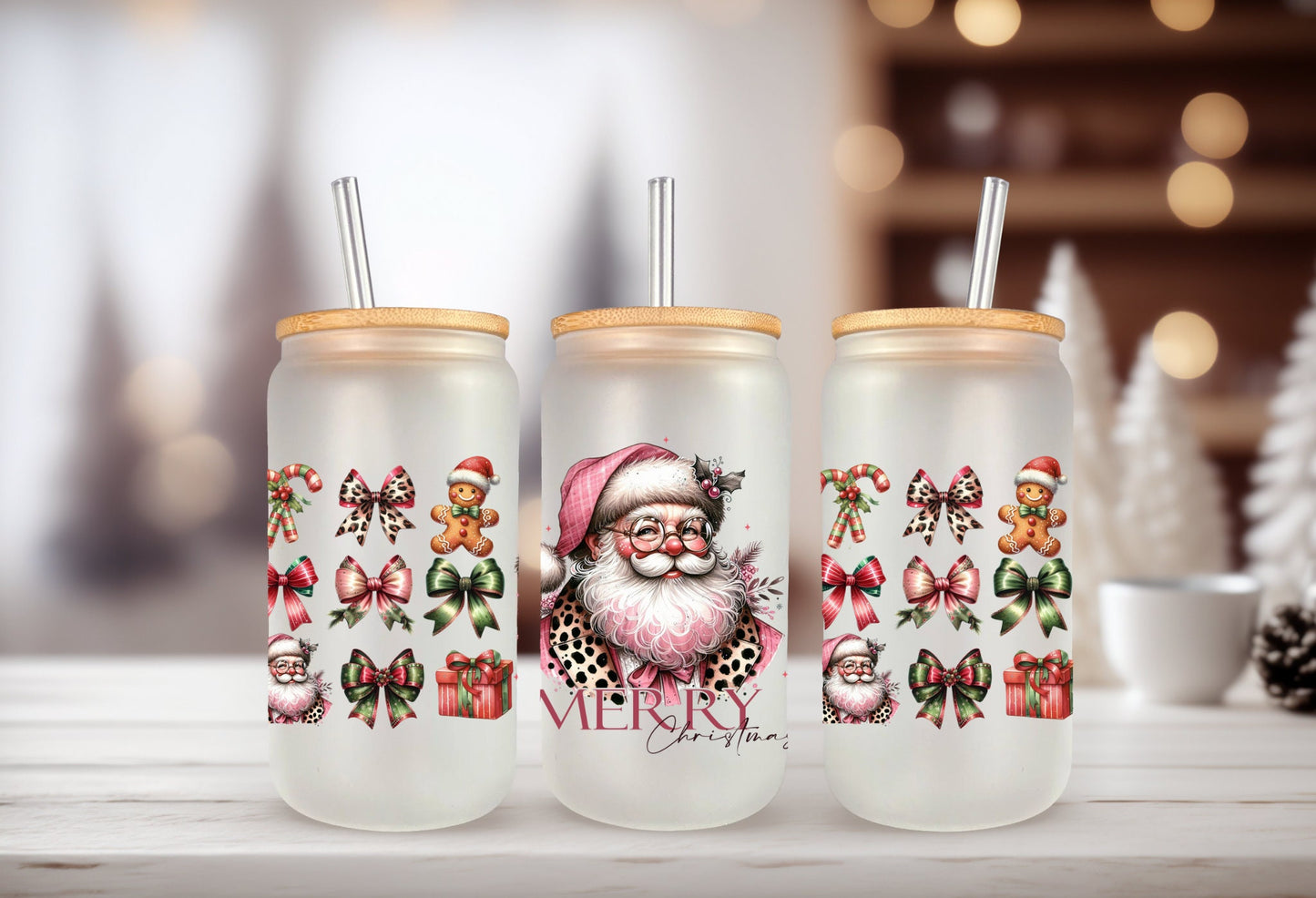 UVDTF Wrap Santa Merry Christmas Coquettes Bows 16oz Can Glass, Mug, Tumbler, Ready to Apply, Permanent Waterproof Adhesive
