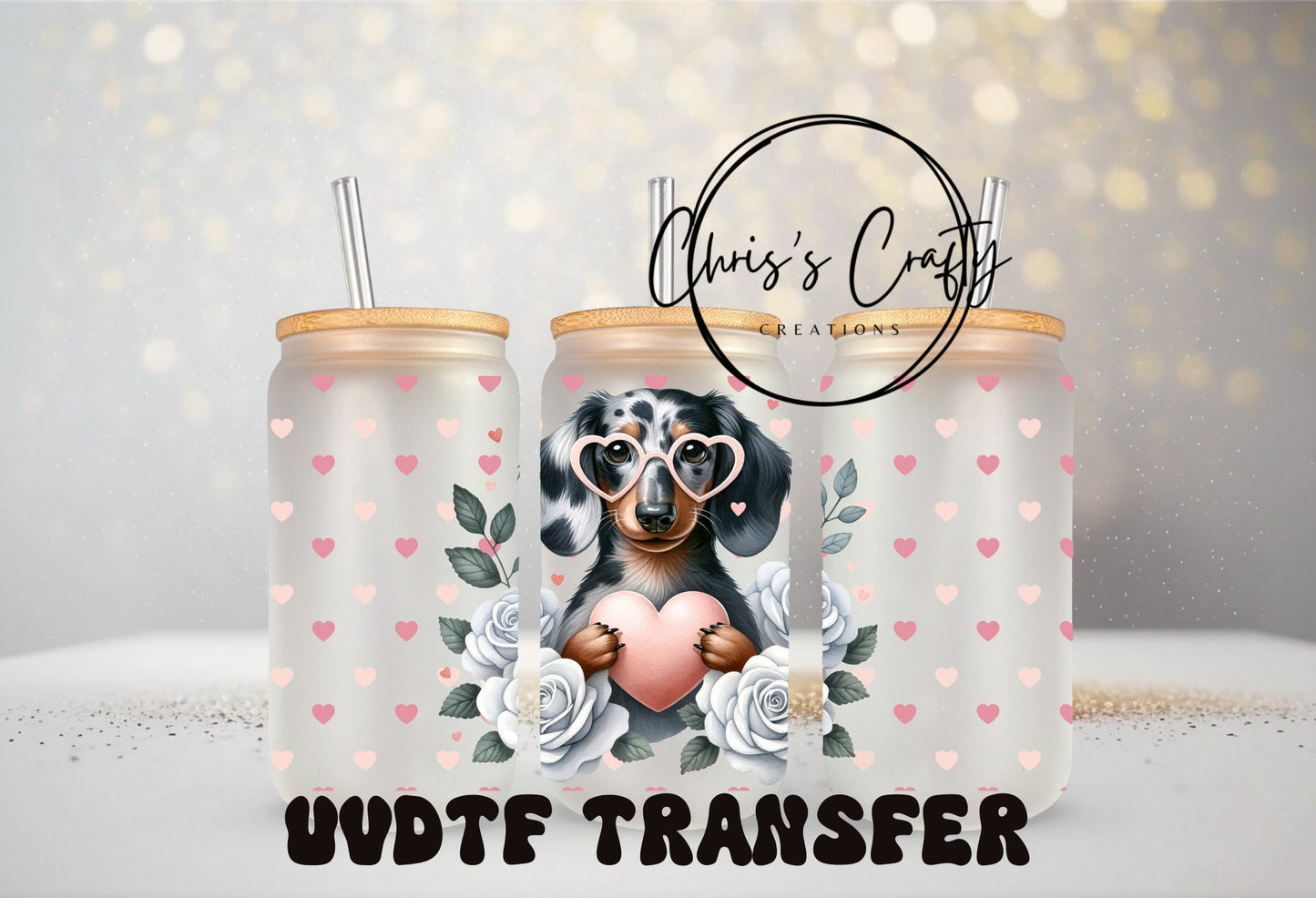 UVDTF Wrap Hearts Dachshund Valentine for 16oz Can Glass Mug Tumbler, Dog Mom, Ready to apply, Permanent Waterproof Adhesive