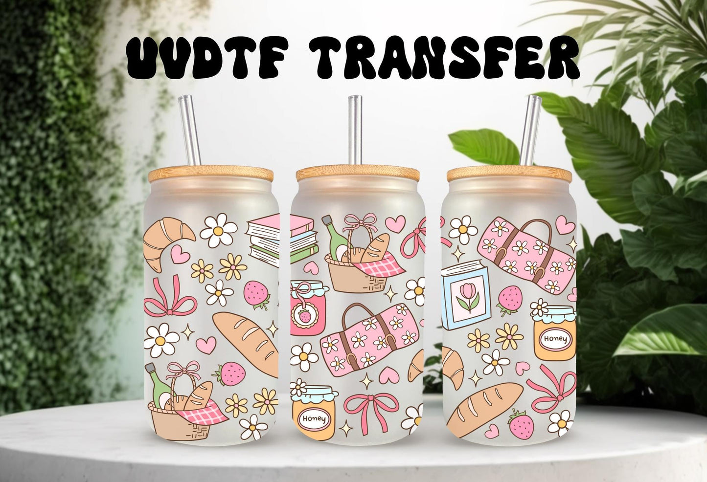 UVDTF Wrap Spring Picnic Sourdough 16oz Can Glass Mug Tumbler, Spring Picnic Wrap, Ready to apply, Permanent Waterproof Adhesive