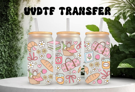 UVDTF Wrap Spring Picnic Sourdough 16oz Can Glass Mug Tumbler, Spring Picnic Wrap, Ready to apply, Permanent Waterproof Adhesive