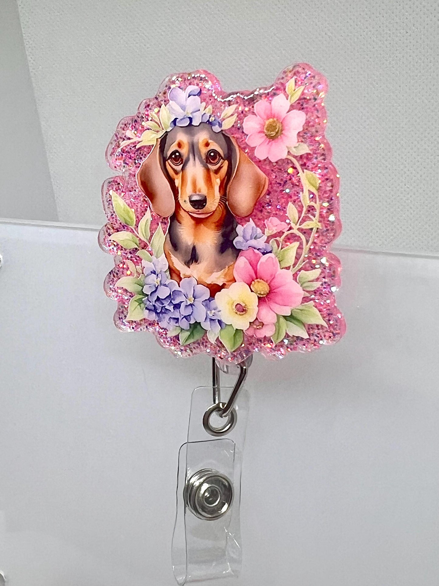 Floral Dachshund Badge Reel – Glitter Pink Design with Weiner Dog and Flowers, Retractable ID Holder for Pet Lovers