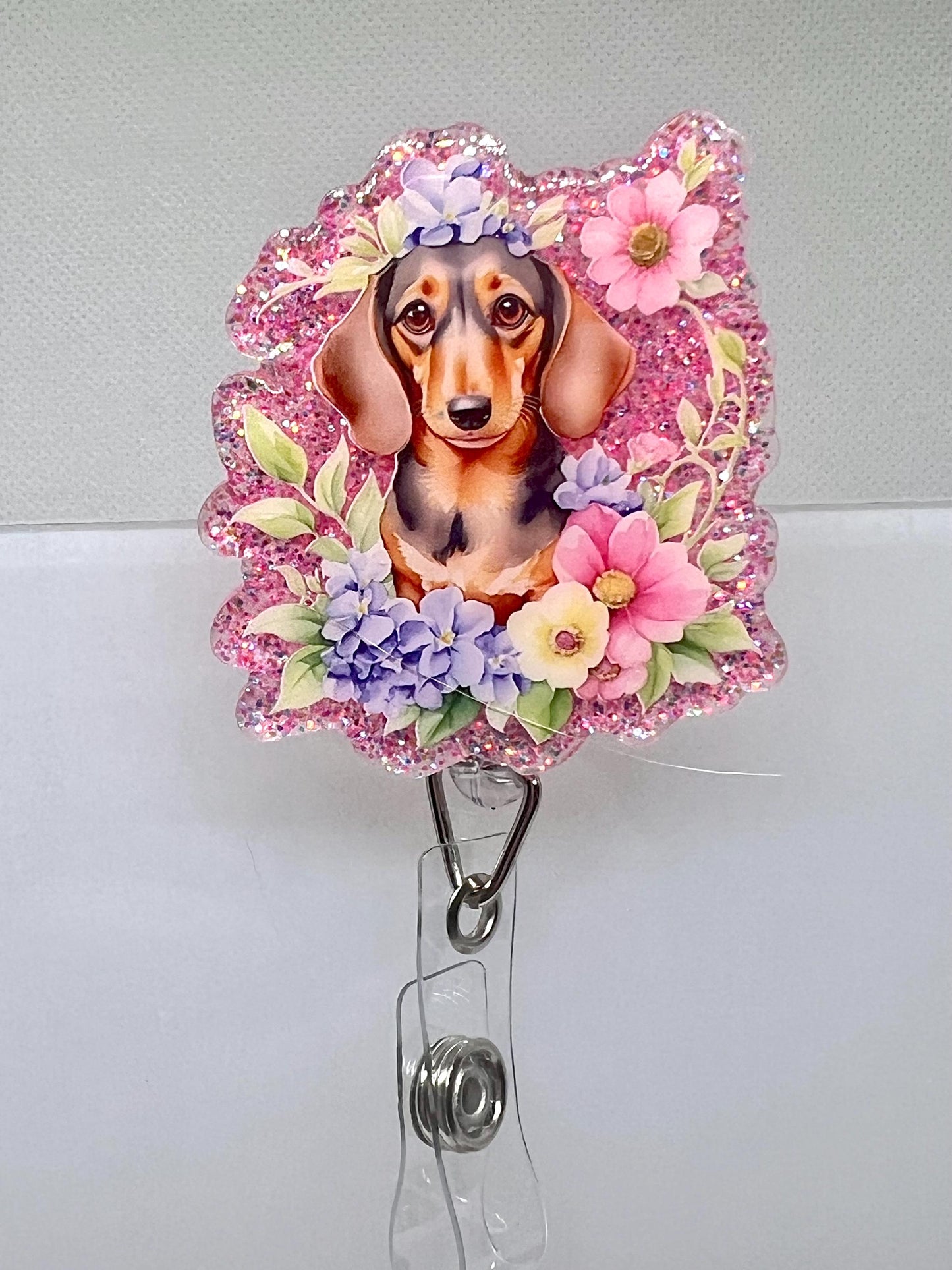 Floral Dachshund Badge Reel – Glitter Pink Design with Weiner Dog and Flowers, Retractable ID Holder for Pet Lovers