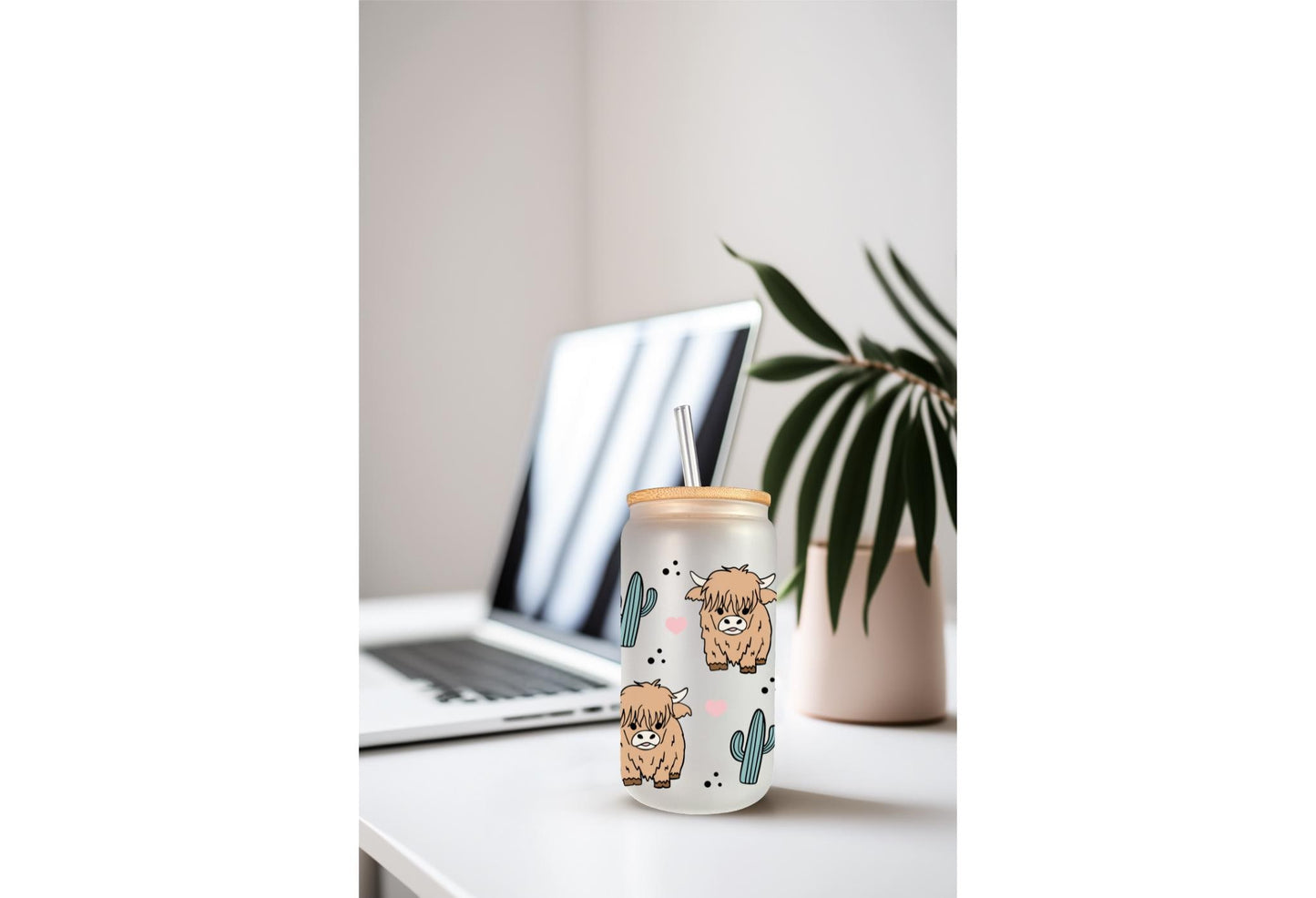 UVDTF Wrap Highland Cow Cactus for 16oz Can Glass Mug Tumbler, Ready to Apply, Permanent Waterproof Adhesive