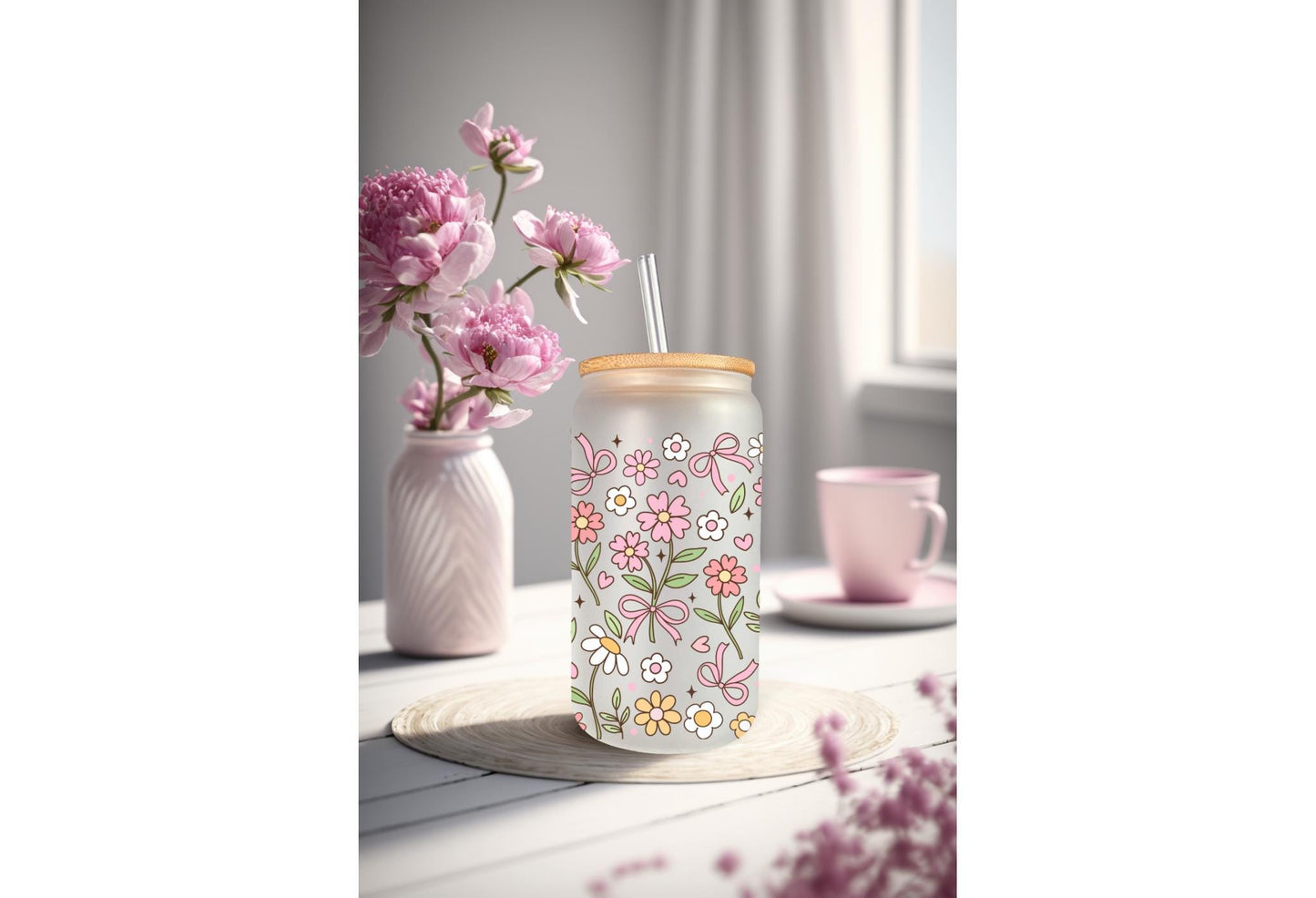 UVDTF Wrap Spring Daisy Bow 16oz Can Glass Mug Tumbler, Spring Flower Wrap, Ready to apply, Permanent Waterproof Adhesive