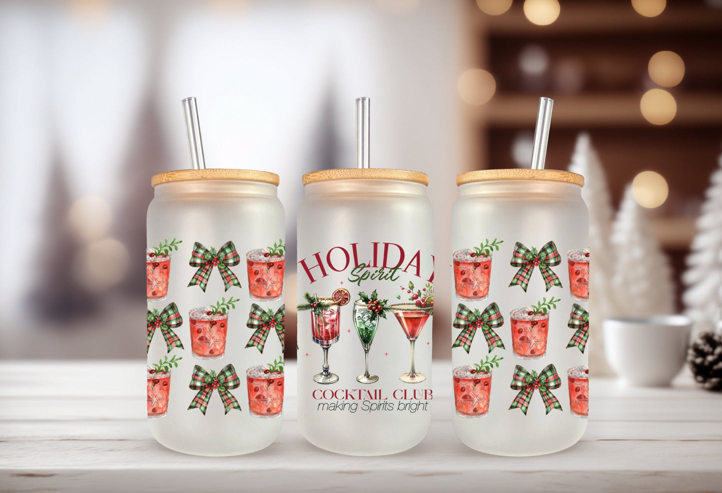 UVDTF Wrap Holiday Spirit Cocktail Club Coquettes Bows 16oz Can Glass, Mug, Tumbler, Ready to Apply, Permanent Waterproof Adhesive