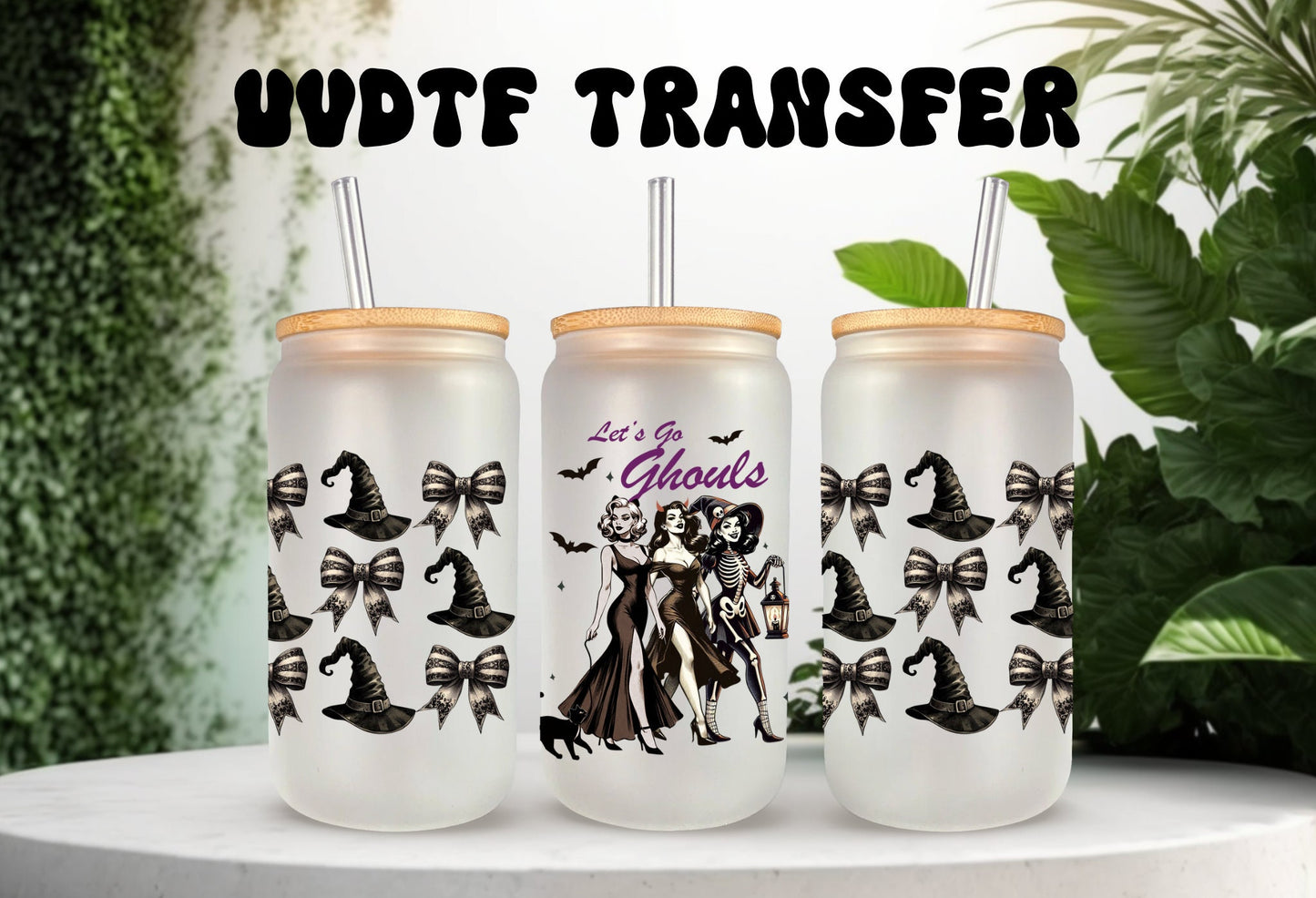UVDTF Wrap Let’s Go Ghouls Witches Hat Bows 16 oz Can Glass, Mug,  40 oz  Wrap, Ready to apply, Permanent Waterproof Adhesive