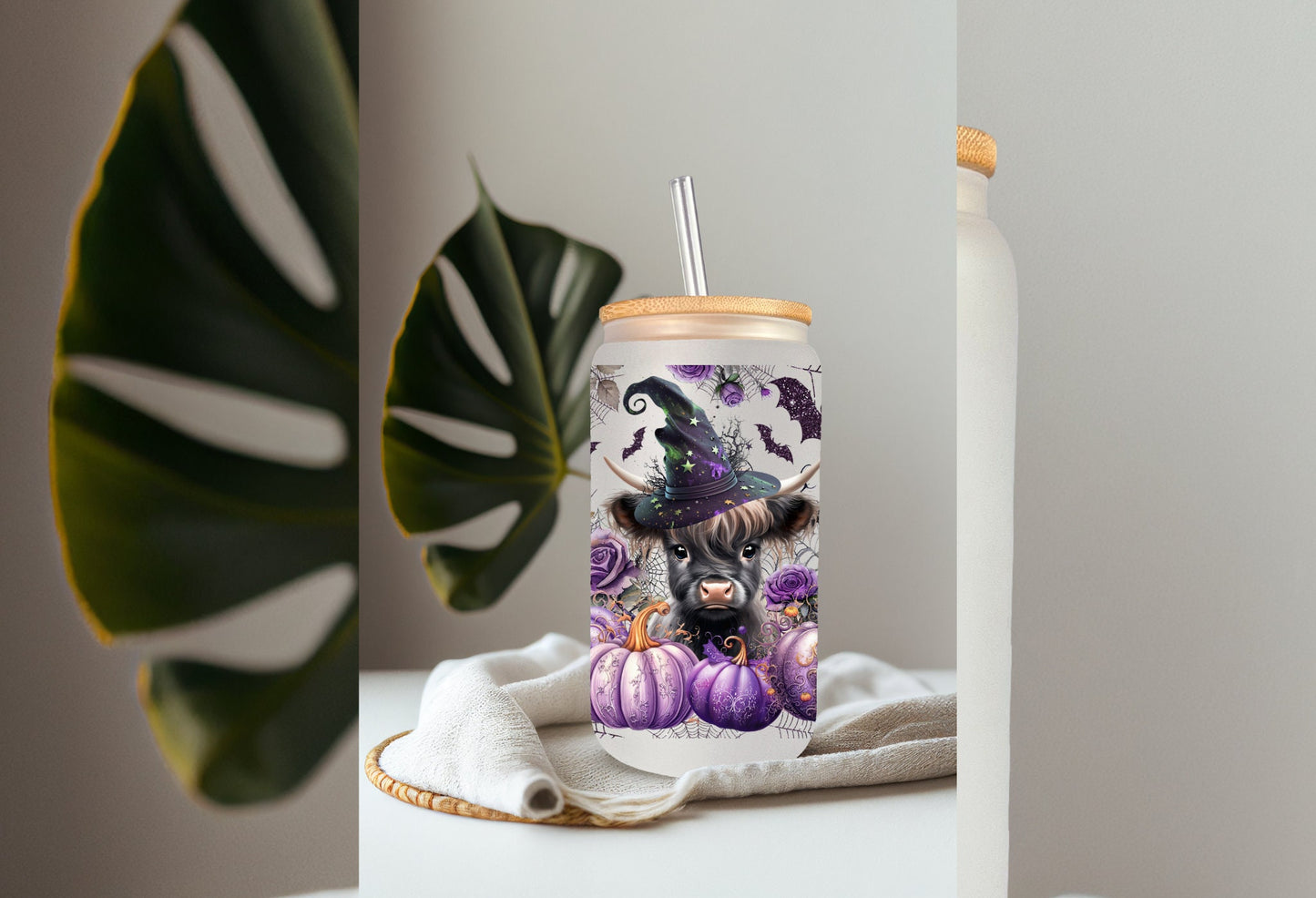 UVDTF Wrap Witch Highland Cow Purple pumpkins 16oz Can Glass, Mug,  40oz Tumbler, Double Sided Print Option, Ready to apply