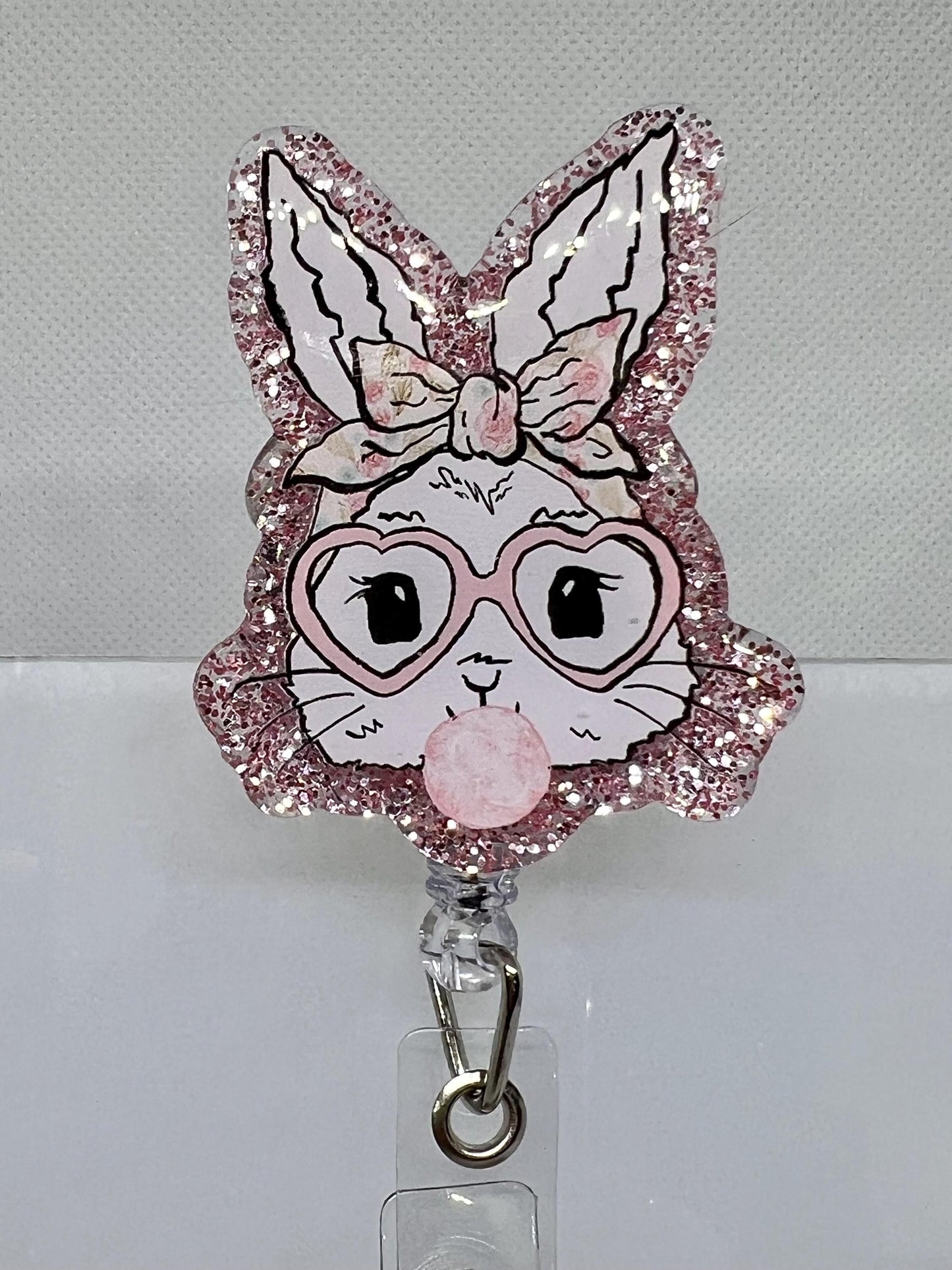 Glitter Bunny Badge Reel – Heart Glasses, Pink Bow, and Acrylic Design for Nurses and Medical Professionals