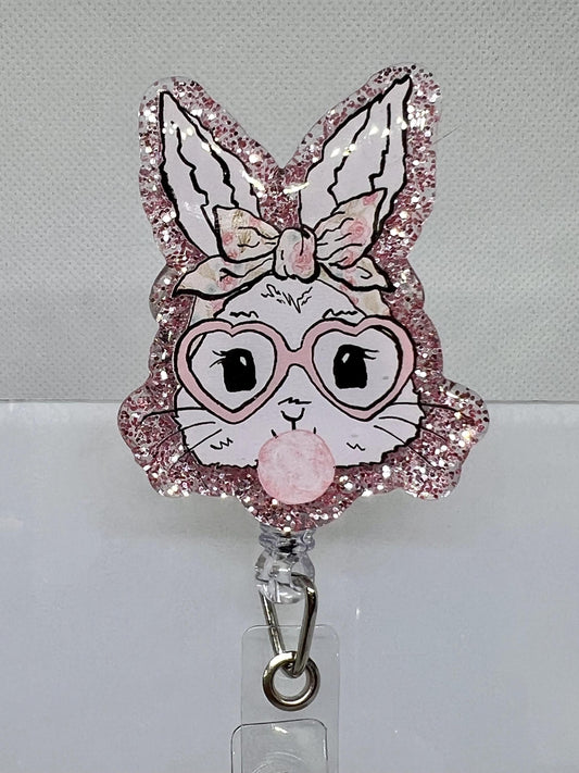 Glitter Bunny Badge Reel – Heart Glasses, Pink Bow, and Acrylic Design for Nurses and Medical Professionals