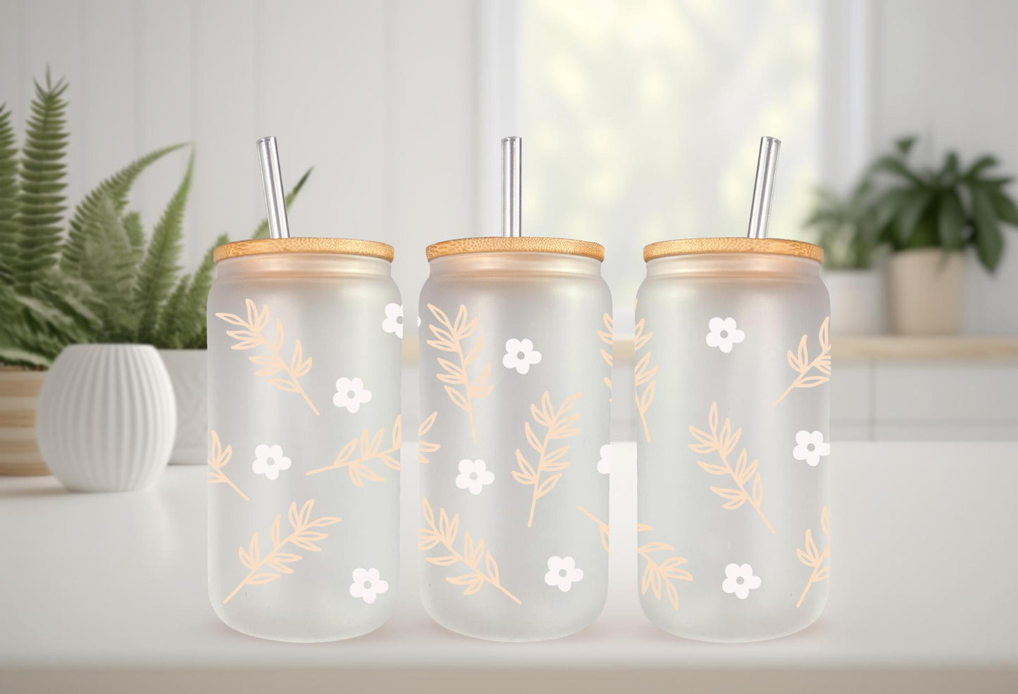 UVDTF Wrap White Floral for 16oz Can Glass Mug Tumbler, Daisy Wrap, Ready to apply, Permanent Adhesive Waterproof, Double Sided Option