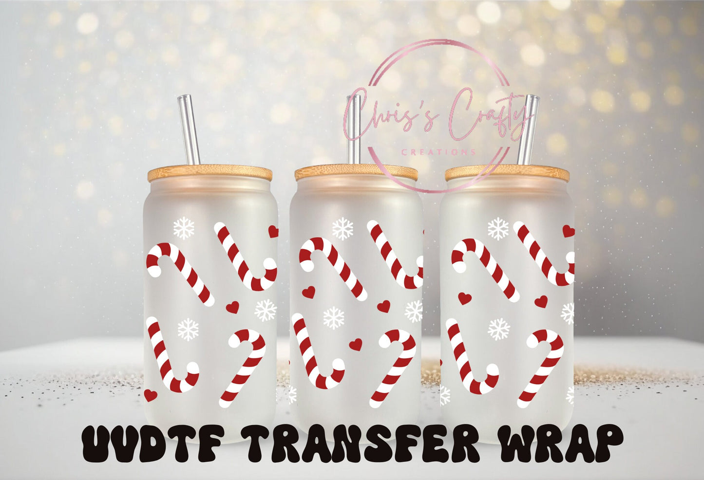 UVDTF Wrap Christmas Candy Cane for 16 oz Can Glass Mug Tumbler, Ready to apply, Waterproof Permanent Adhesive, Double Sided Option