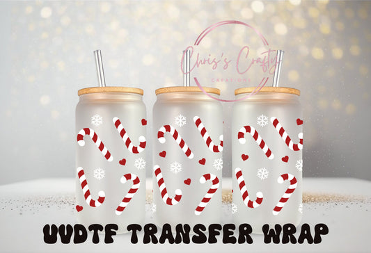 UVDTF Wrap Christmas Candy Cane for 16 oz Can Glass Mug Tumbler, Ready to apply, Waterproof Permanent Adhesive, Double Sided Option