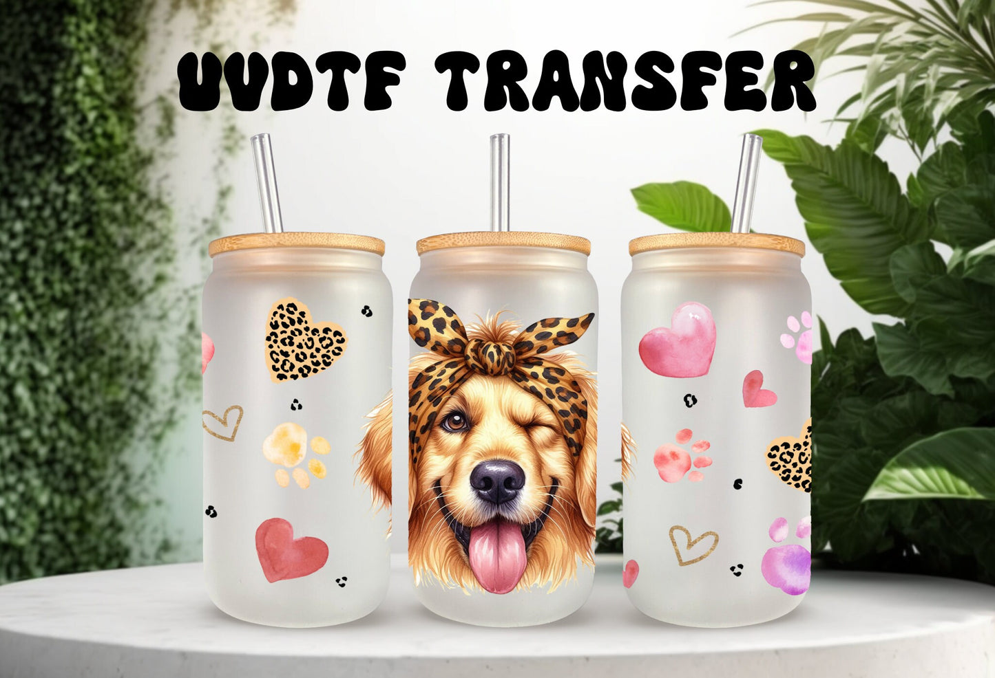 UVDTF Wrap Cute Golden Retriever Leopard Bandana for 16oz can glass Mug Tumbler, Ready to apply, Permanent Waterproof Adhesive, Double Sided option