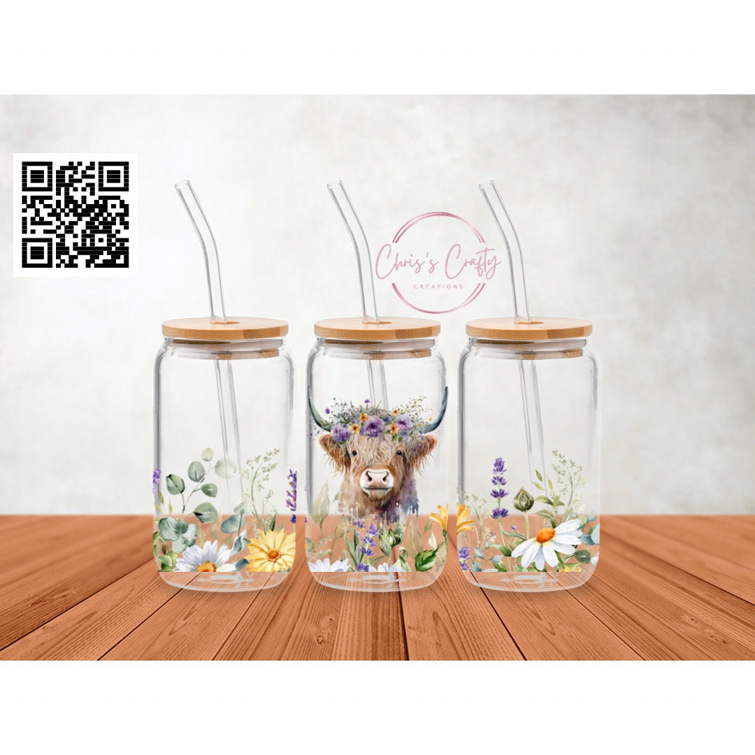 UVDTF Highland Cow Wild Flowers Daisies 16oz Can Glass Mug Tumbler, Cow Floral Wrap, Ready to Apply, Permanent Waterproof Adhesive