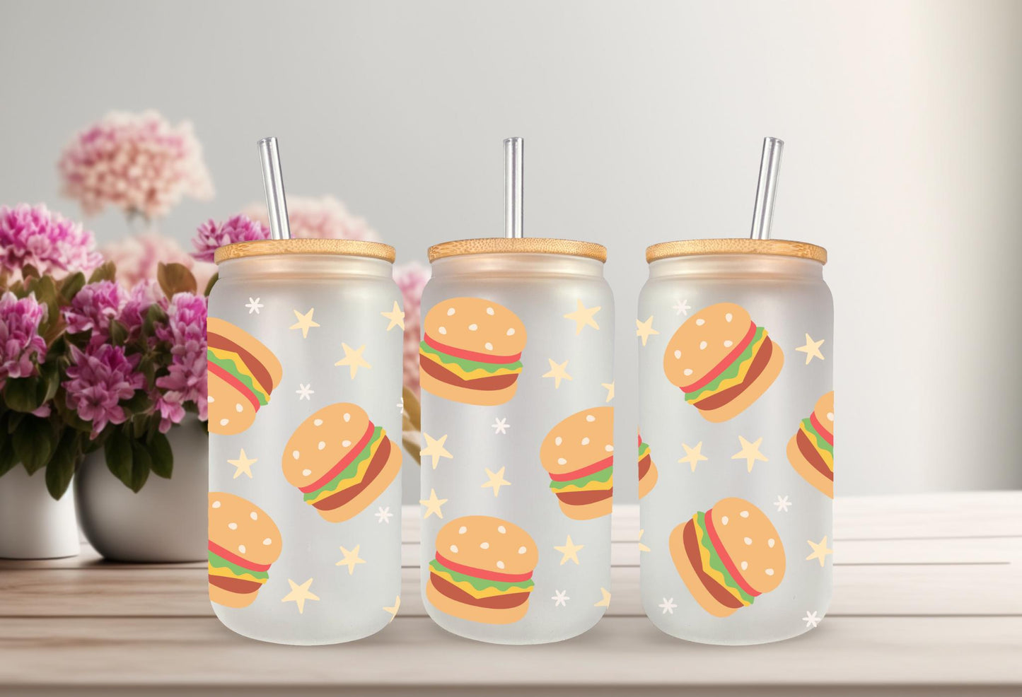 UVDTF Wrap Burgers 16oz Can Glass Wrap Mug Tumbler, Ready to Apply, Permanent Waterproof Adhesive