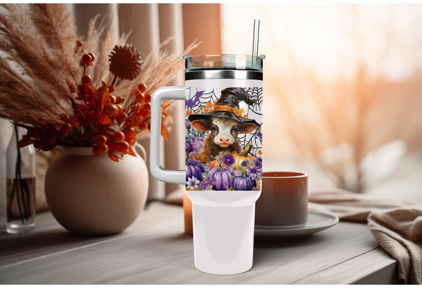 UVDTF Wrap Cow Witch Purple Floral Pumpkin 16oz Can Glass Mug Tumbler,  Ready to Apply, Permanent Waterproof Adhesive