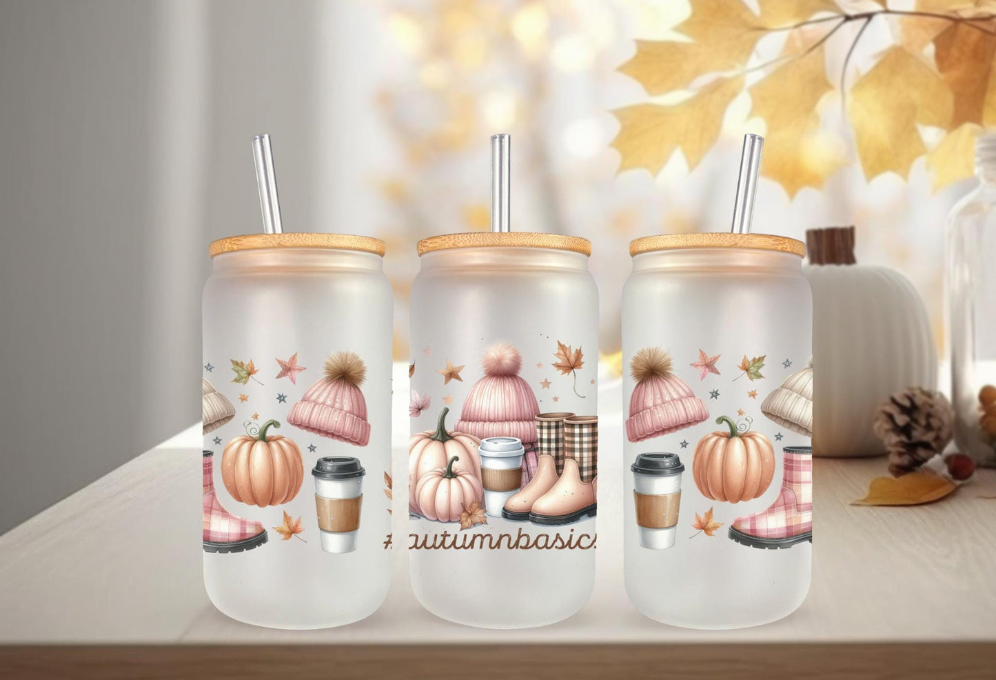 UVDTF Wrap Autumn Basics Boots Hat  Pumpkin Iced Coffee for 16oz Can Glass or 40oz Tumbler, Fall Wrap Ready to apply, Permanent adhesive