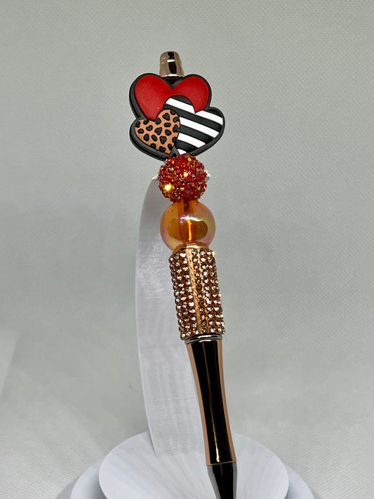 Beaded Pen Valentine Leopard Red Stripe Hearts Bling Metallic Ink Pen, Teacher Gift | Nurse Gift, Gifts for Her, Gift Ideas