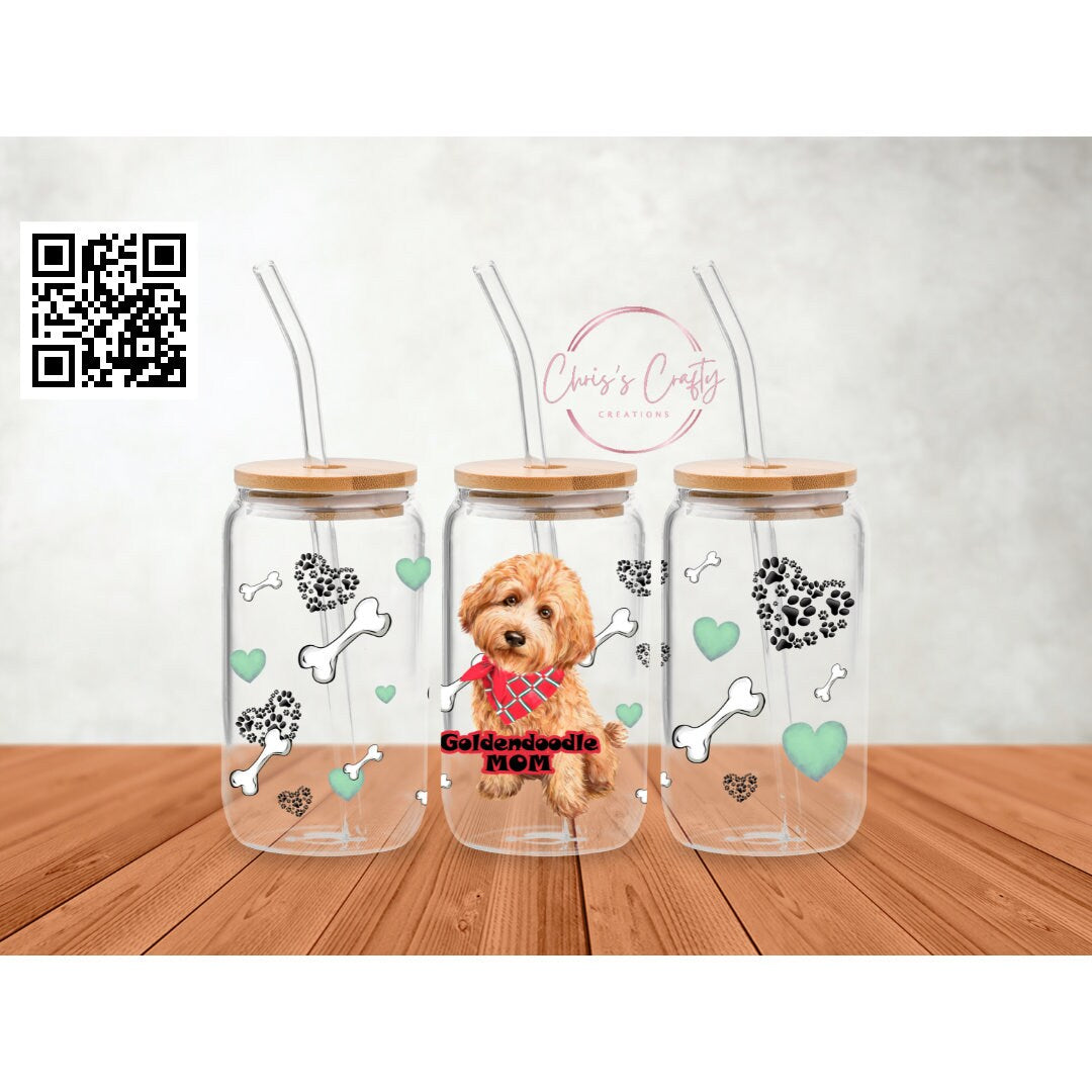 UVDTF Wrap Goldendoodle MoM 16oz Can Glass Mug Tumbler, Dog Mom Wrap, Ready to Apply, Permanent Waterproof Adhesive