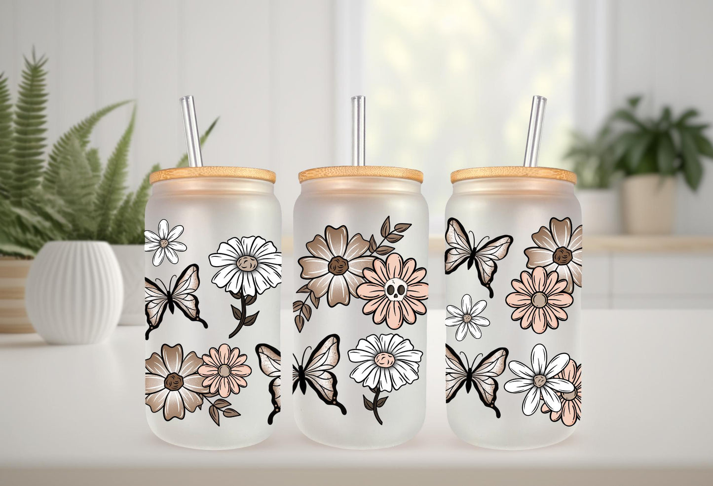 UVDTF Wrap Floral Butterfly Skull for 16oz Can Glass Mug Tumbler, Daisy Wrap, Ready to Apply, Permanent Waterproof Adhesive (Copy)