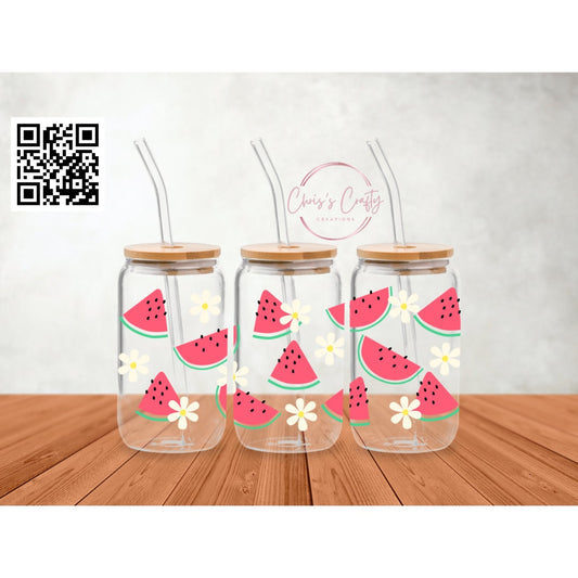 UVDTF Wrap Watermelon Slices with Daises 16oz Can Glass, Mug, Tumbler, Ready to Apply, Permanent Waterproof Adhesive