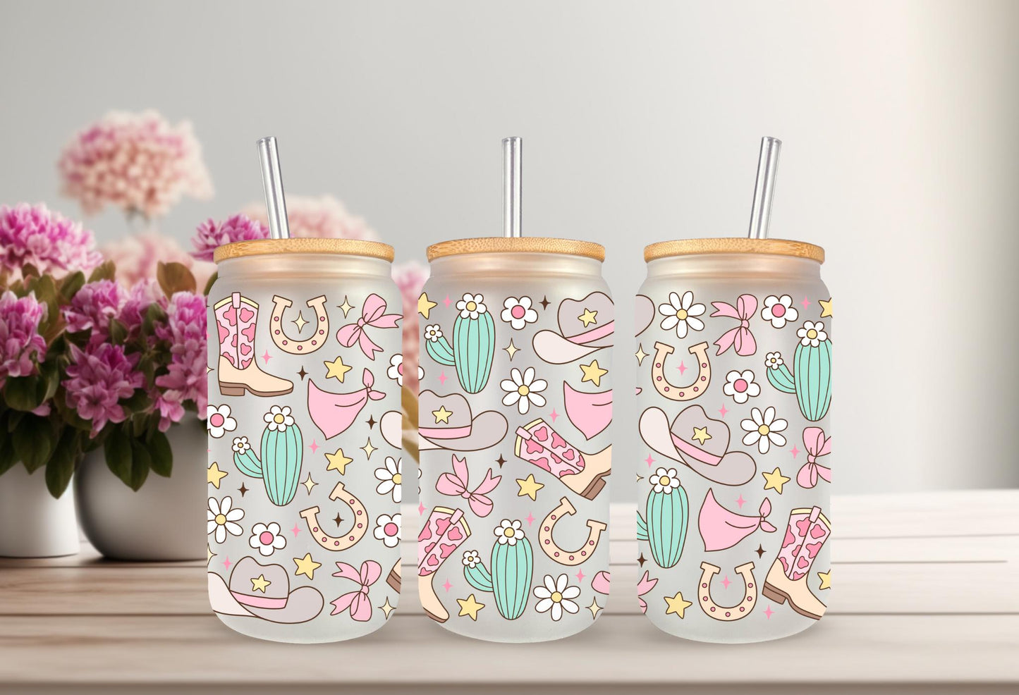UVDTF Wrap Pastel Bow Cowgirl for 16oz Can Glass Mug Tumbler, Daisy Wrap, Ready to Apply, Permanent Waterproof Adhesive
