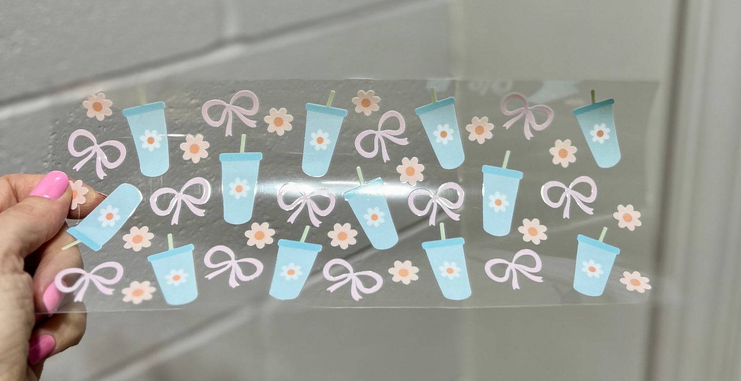 UVDTF Wrap Blue Tumbler Daisies 16oz Can Glass Mug Tumbler,  Ready to apply, Permanent Waterproof Adhesive