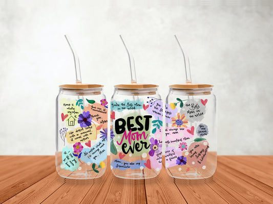 UVDTF Wrap Best Mom Ever 16oz Can Glass Mug Tumbler, Mom Gifts, Ready to Apply, Permanent Waterproof Adhesive