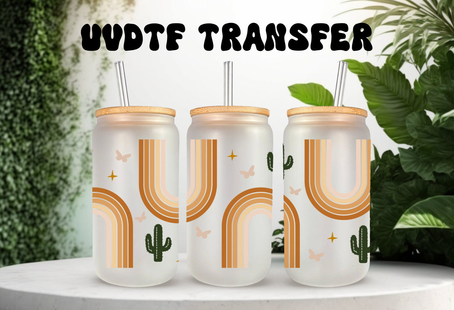 UVDTF Wrap Boho Cactus 16oz Can Glass, Mug, Tumbler, Ready to apply, Permanent Adhesive Waterproof