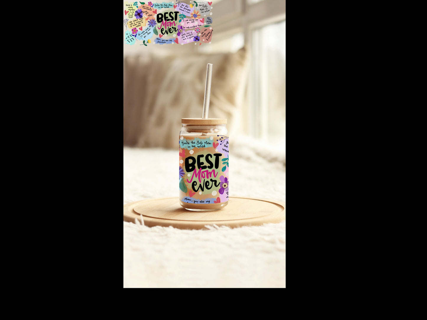 UVDTF Wrap Best Mom Ever 16oz Can Glass Mug Tumbler, Mom Gifts, Ready to Apply, Permanent Waterproof Adhesive