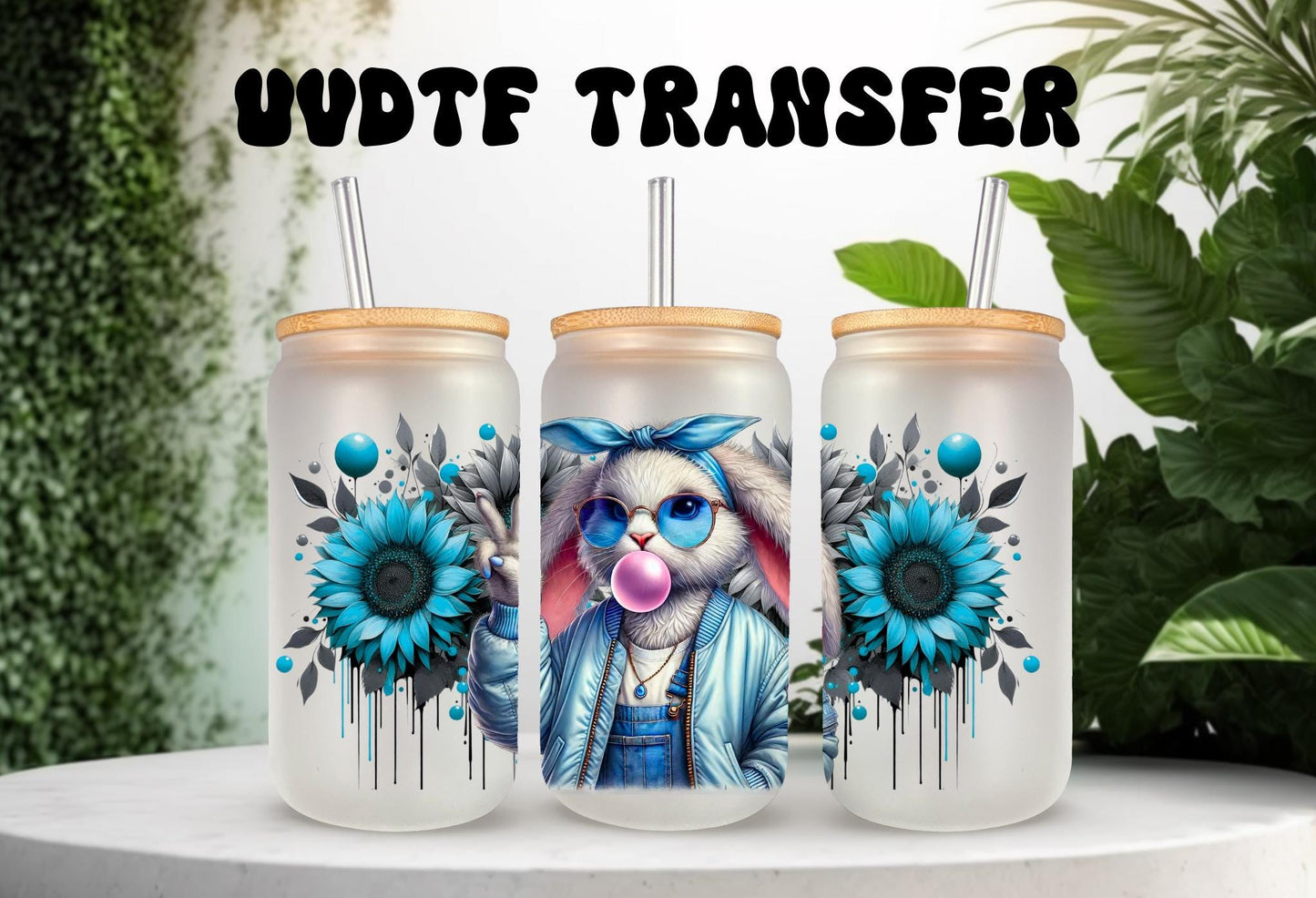 UVDTF Wrap Floral Bunny Bubble Gum 16oz Can Glass Mug Tumbler, Ready to Apply, Permanent Waterproof Adhesive