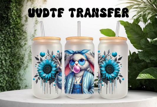UVDTF Wrap Floral Bunny Bubble Gum 16oz Can Glass Mug Tumbler, Ready to Apply, Permanent Waterproof Adhesive