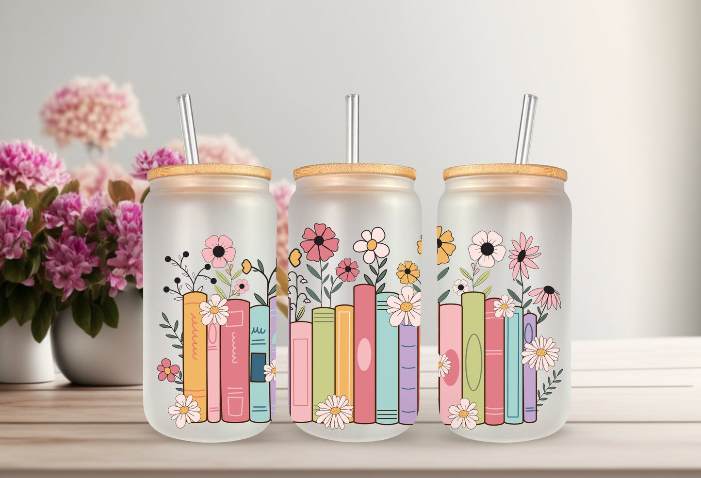 UVDTF Wrap Floral Books 16oz Can Glass Mug Tumbler Wrap, Book Wrap, Ready to Apply, Permanent Adhesive, Double Sided Print