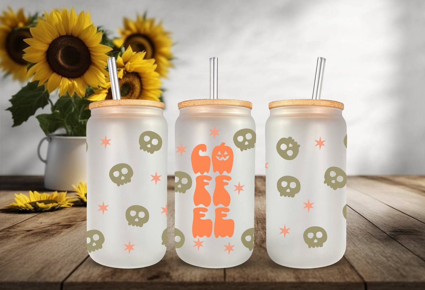 UVDTF  Wrap Skull Coffee Pumpkin for 16oz Can Glass, Mug, or Tumbler, Halloween Candy, Ready to apply, Permanent Adhesive Waterproof