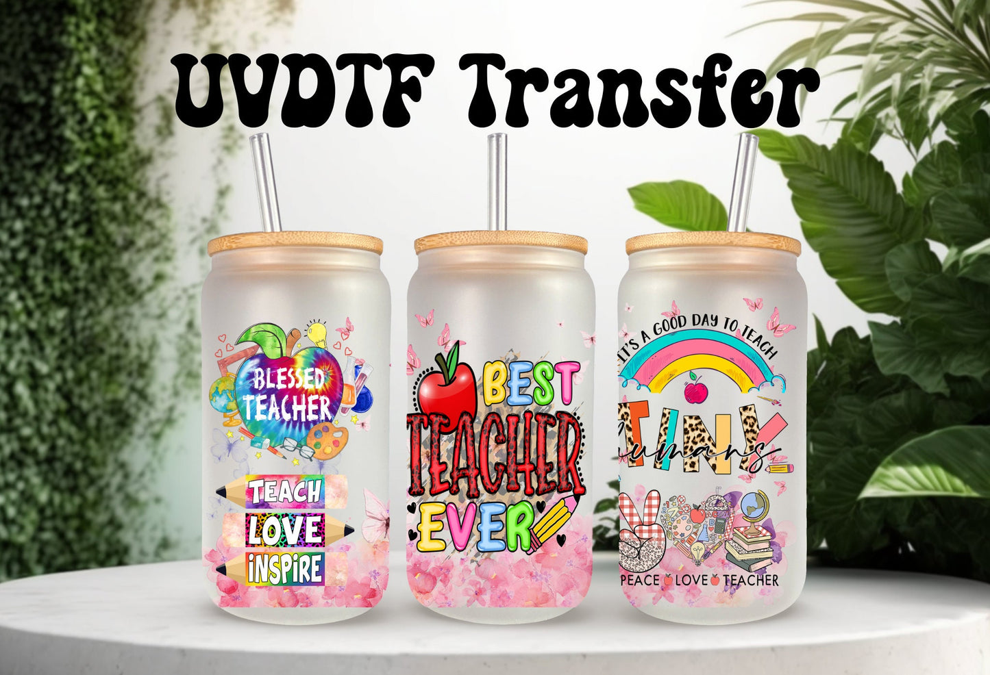 UVDTF Wrap Best Teacher Ever for 16 oz Can Glass Mug Tumbler, Blessed Teacher, Ready to Apply, Permanent Waterproof Adhesive