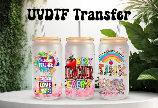 UVDTF Wrap Best Teacher Ever for 16 oz Can Glass Mug Tumbler, Blessed Teacher, Ready to Apply, Permanent Waterproof Adhesive