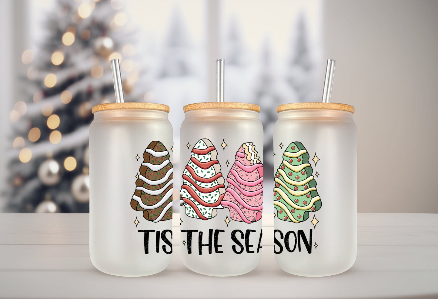 UVDTF Decal Tis the Season Multi color Cakes 16oz Can Glass Mug Tumbler, Funny Decal, Ready to apply, Permanent Waterproof Adhesive