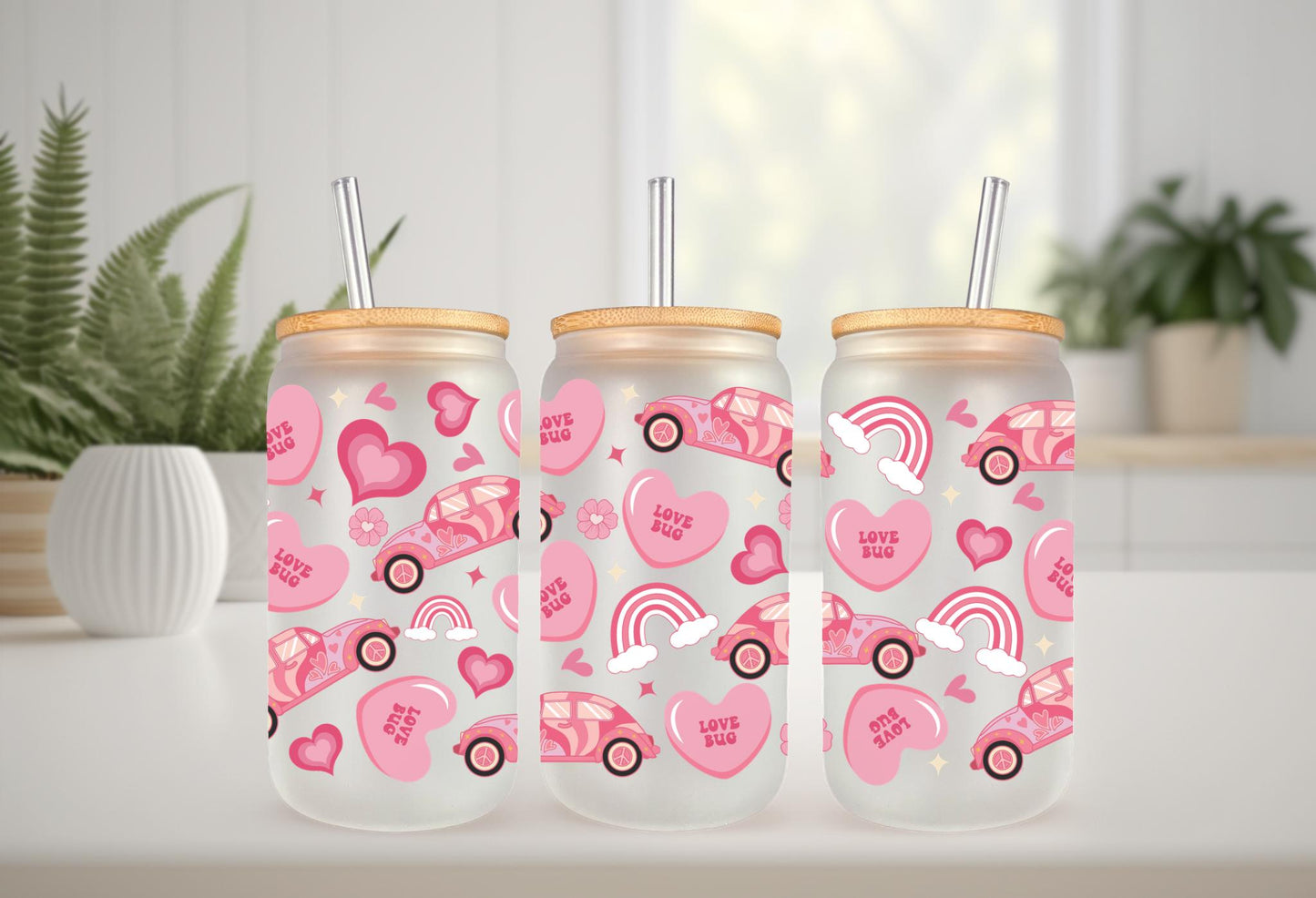 UVDTF Wrap Heart Valentine’s Love Bug 16oz Can Glass Mug Tumbler, Ready to Apply, Permanent Waterproof Adhesive