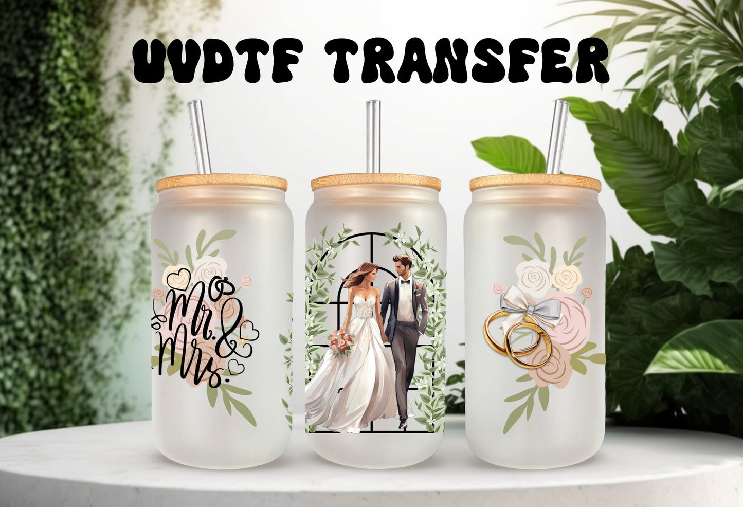UVDTF Wrap Bride Mrs. & Mr. for 16oz can glass Mug Tumbler, Wedding Gift, Ready to apply, Gifts for Her, Permanent Waterproof Adhesive