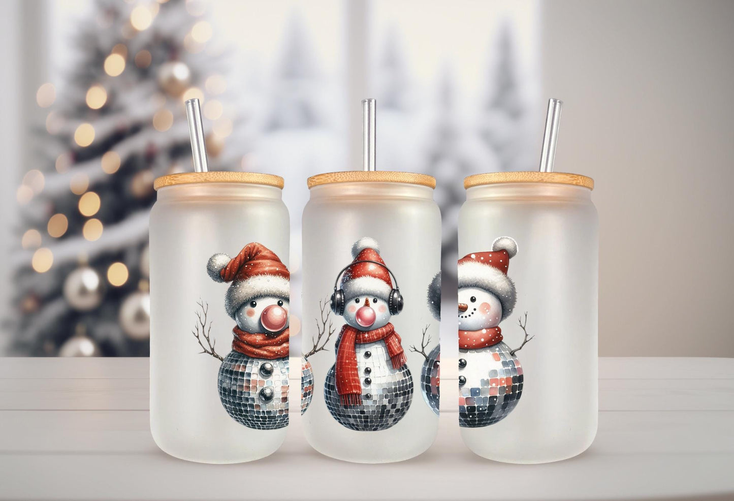 UVDTF Wrap Disco Snowmen 16oz Can Glass Mug Tumbler, Ready to apply, Permanent Waterproof Adhesive