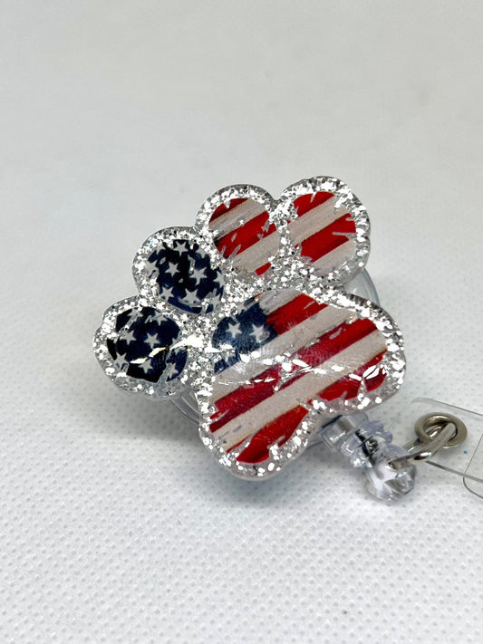 Patriotic Pet Paw Badge Reel, ID Holder, Dog paw, Interchangeable Option, Gifts for Her