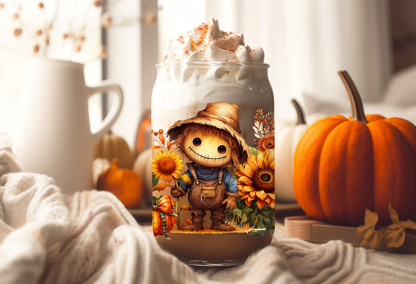 UVDTF Wrap Fall Scarecrow Floral 16oz Can Glass Mug Tumbler, Ready to Apply, Permanent Waterproof Adhesive