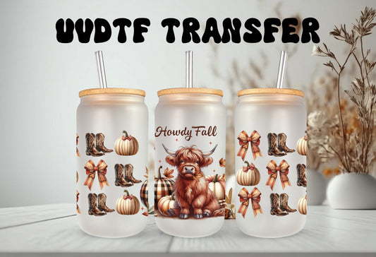 UVDTF Wrap Howdy Fall Highland Cow Coquette Bows for 16oz Can Glass Mug Tumbler, Ready to Apply, Permanent Waterproof Adhesive